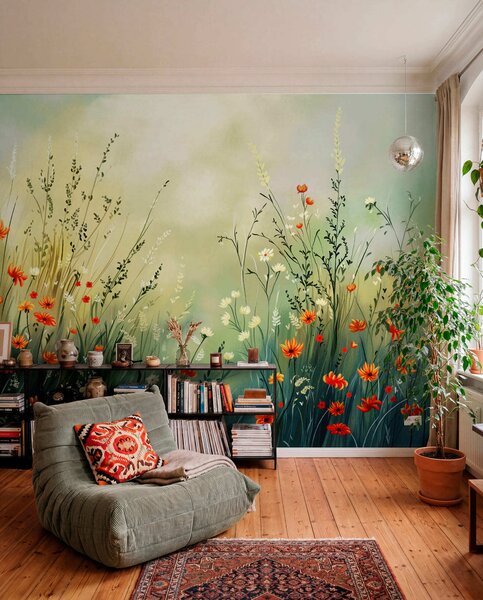 Tapet Flori și ierburi de câmp în stil pictural delicat, Fototapet Natură, w05015 : Uwalls.ro