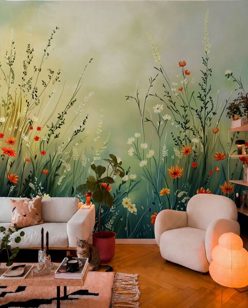 Tapet Flori și ierburi de câmp în stil pictural delicat, Fototapet Natură, w05015 : Uwalls.ro