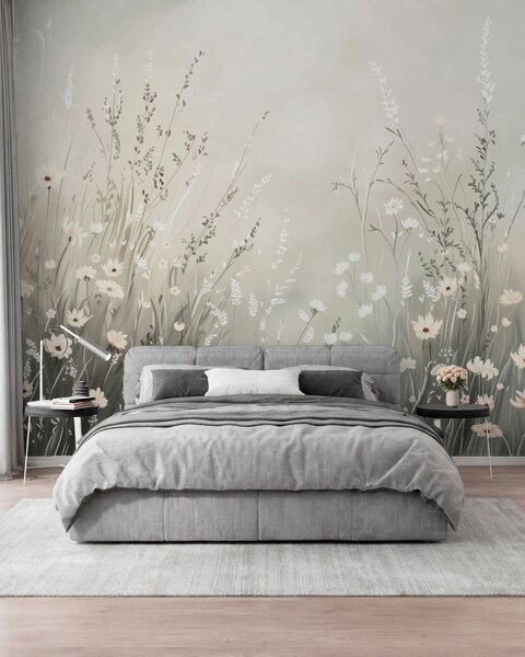 Tapet Peisaj de pajiște cu flori albe și ierburi delicate, Fototapet Natură, w05015v1 : Uwalls.ro