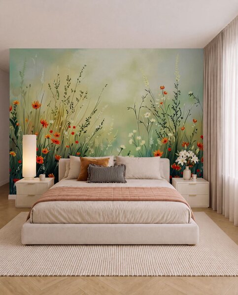 Tapet Flori și ierburi de câmp în stil pictural delicat, Fototapet Natură, w05015 : Uwalls.ro