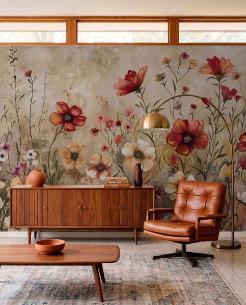 Tapet Compoziție florală cu fundal texturat în tonuri calde, Fototapet Acuarelă, w05016 : Uwalls.ro
