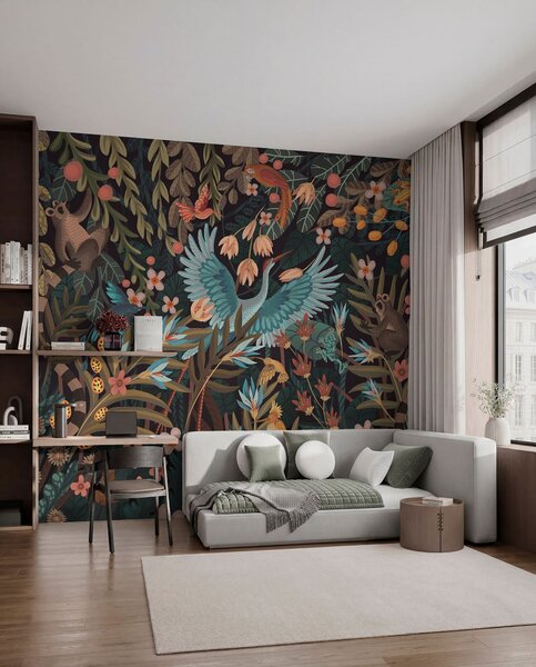Tapet Scena fantastică cu păsări și animale printre plante, Imagini de fundal unice, w05024 : Uwalls.ro
