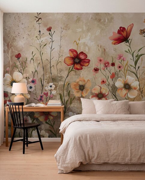 Tapet Compoziție florală cu fundal texturat în tonuri calde, Fototapet Acuarelă, w05016 : Uwalls.ro