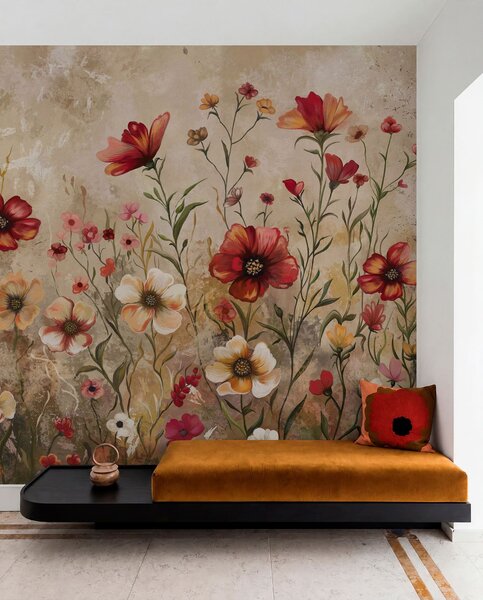 Tapet Compoziție florală cu fundal texturat în tonuri calde, Fototapet Acuarelă, w05016 : Uwalls.ro