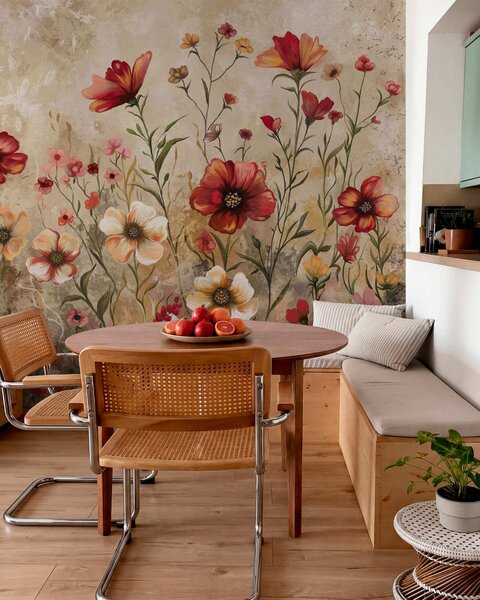 Tapet Compoziție florală cu fundal texturat în tonuri calde, Fototapet Acuarelă, w05016 : Uwalls.ro
