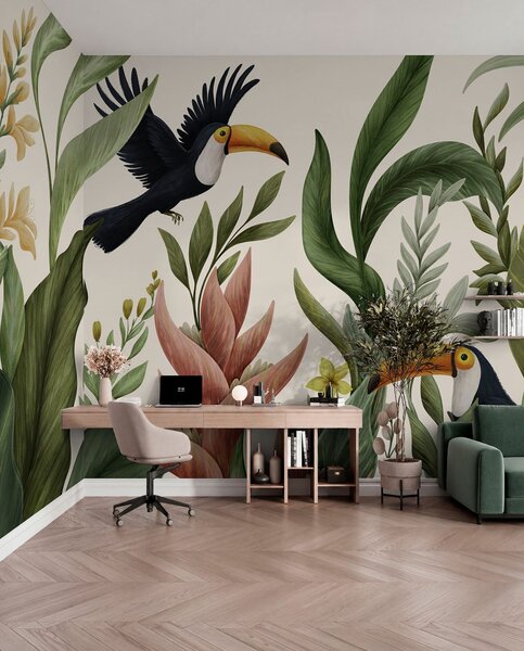 Tapet Plante tropicale și păsări cu cioc mare pe fundal deschis, Fototapet Natură, w05088v1 : Uwalls.ro