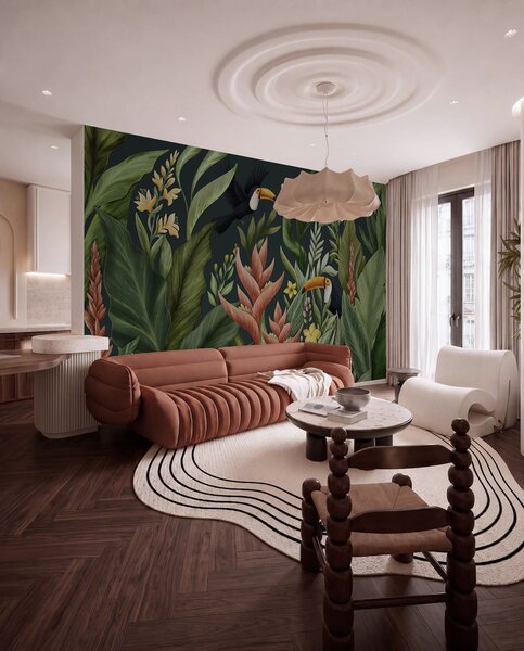 Tapet Plante tropicale și păsări cu cioc mare pe fundal întunecat, Fototapet Natură, w05088v2 : Uwalls.ro