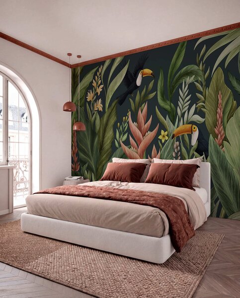 Tapet Plante tropicale și păsări cu cioc mare pe fundal întunecat, Fototapet Natură, w05088v2 : Uwalls.ro