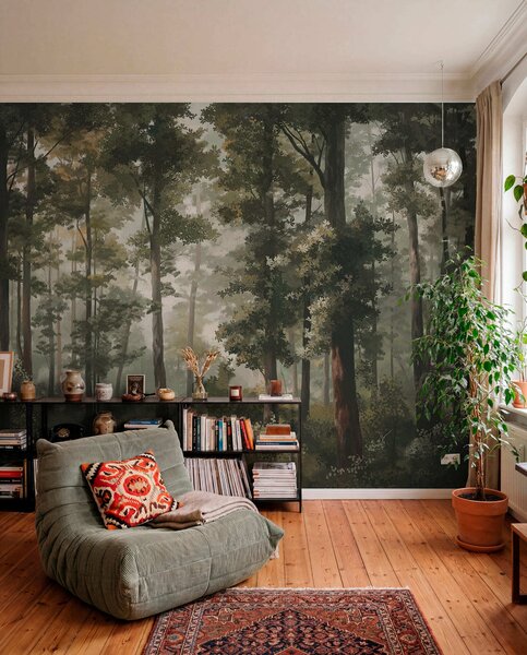 Tapet Ilustrație cu pădure cu ceață, copaci înalți și o potecă, Fototapet Natură, w05089 : Uwalls.ro