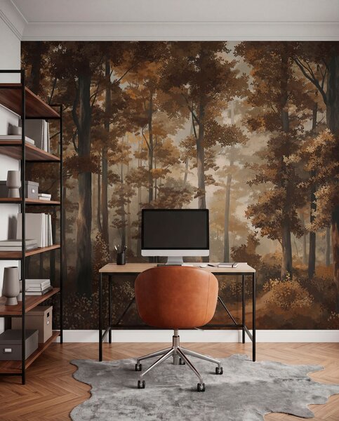 Tapet Peisaj de toamnă în pădure, cu lumină caldă și copaci dese, Fototapet Natură, w05089v1 : Uwalls.ro