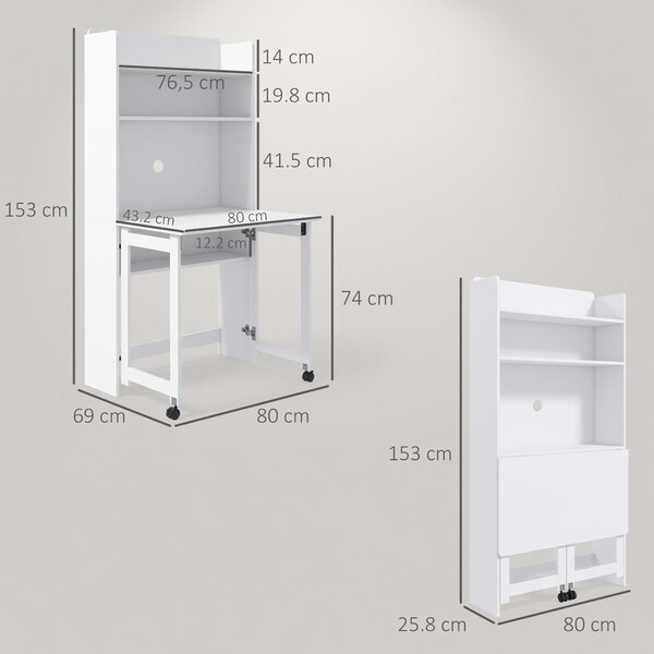 HOMCOM Birou cu Rafturi, Blat Pliabil, 2 Roți și 4 Rafturi, Birou Compact Modern cu Orificiu pentru Cabluri, Masă pentru Computer, Casă Birou Cameră de Studiu, 80x69x155 cm, Alb | Aosom Romania