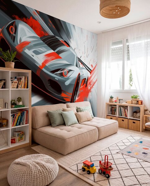 Tapet mașină sport dinamică în stil de desen digital cu accente roșii, Imagini de fundal unice, w05069v1 : Uwalls.ro