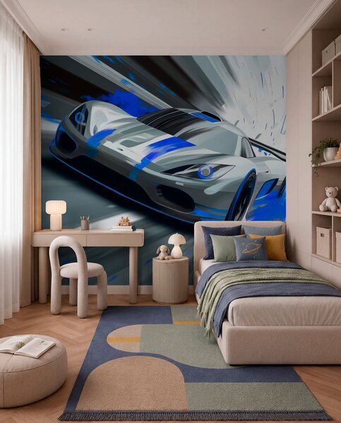 Tapet mașină sport dinamică în stil de desen digital cu accente albastre, Imagini de fundal unice, w05069 : Uwalls.ro