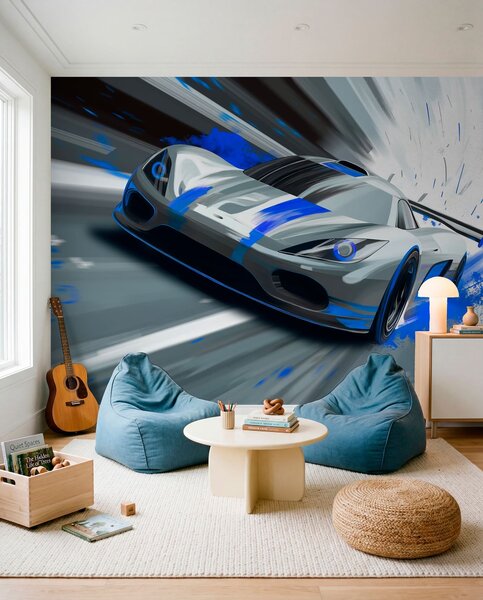 Tapet mașină sport dinamică în stil de desen digital cu accente albastre, Imagini de fundal unice, w05069 : Uwalls.ro
