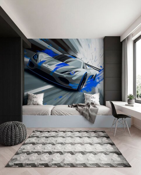 Tapet mașină sport dinamică în stil de desen digital cu accente albastre, Imagini de fundal unice, w05069 : Uwalls.ro