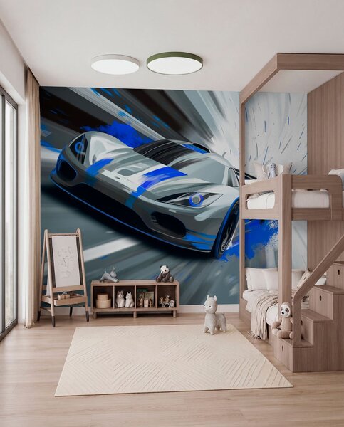 Tapet mașină sport dinamică în stil de desen digital cu accente albastre, Imagini de fundal unice, w05069 : Uwalls.ro