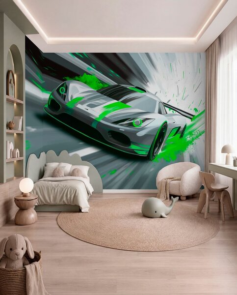 Tapet mașină sport dinamică în stil de desen digital cu accente verzi, Imagini de fundal unice, w05069v4 : Uwalls.ro