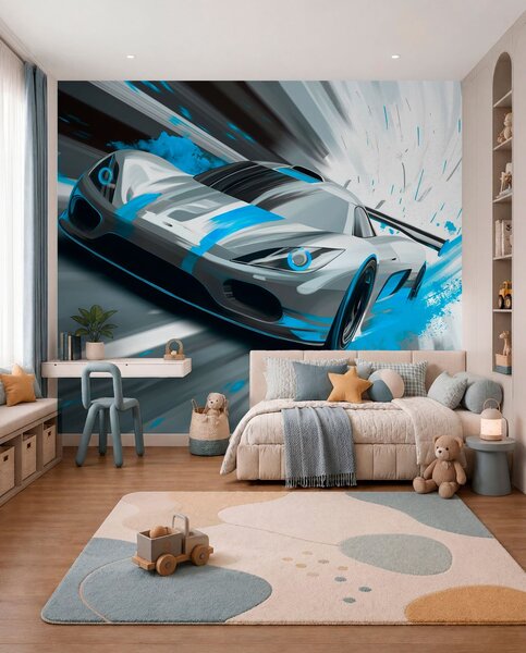 Tapet mașină sport dinamică în stil de desen digital cu accente turcoaz, Imagini de fundal unice, w05069v3 : Uwalls.ro