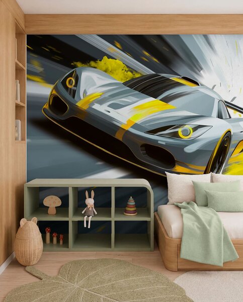 Tapet mașină sport dinamică în stil de desen digital cu accente galbene, Imagini de fundal unice, w05069v2 : Uwalls.ro