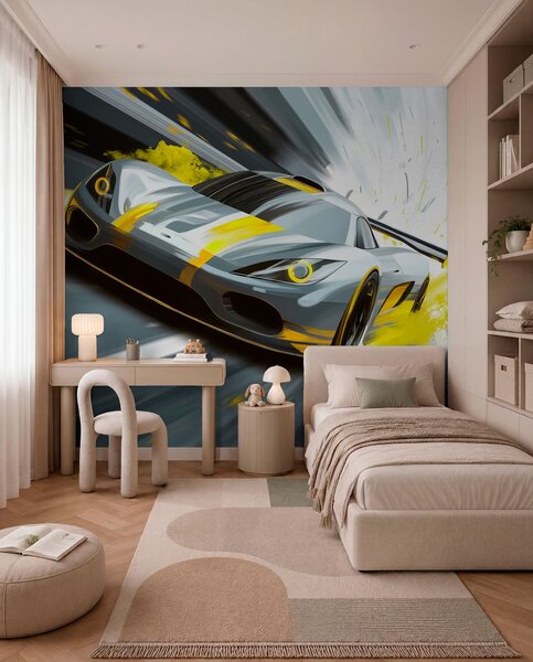 Tapet mașină sport dinamică în stil de desen digital cu accente galbene, Imagini de fundal unice, w05069v2 : Uwalls.ro