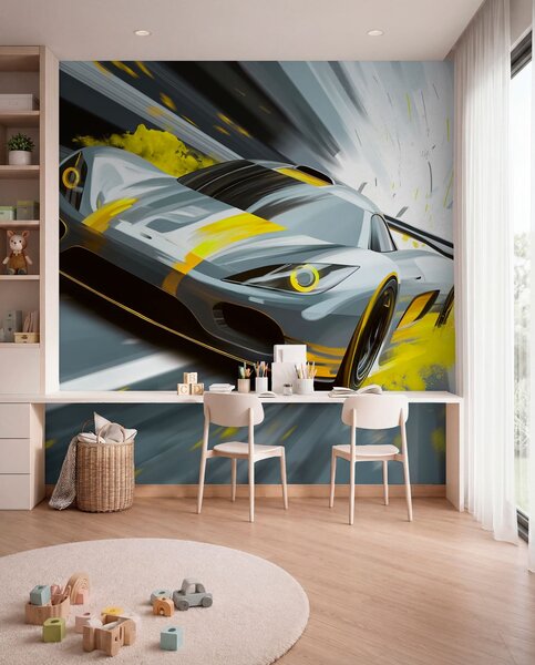 Tapet mașină sport dinamică în stil de desen digital cu accente galbene, Imagini de fundal unice, w05069v2 : Uwalls.ro