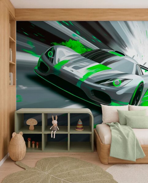 Tapet mașină sport dinamică în stil de desen digital cu accente verzi, Imagini de fundal unice, w05069v4 : Uwalls.ro