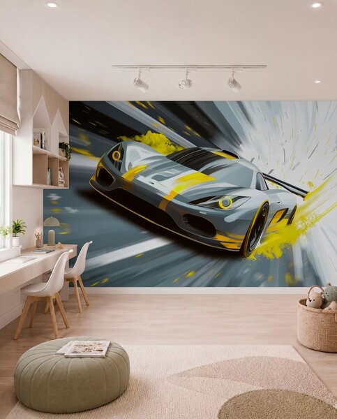 Tapet mașină sport dinamică în stil de desen digital cu accente galbene, Imagini de fundal unice, w05069v2 : Uwalls.ro
