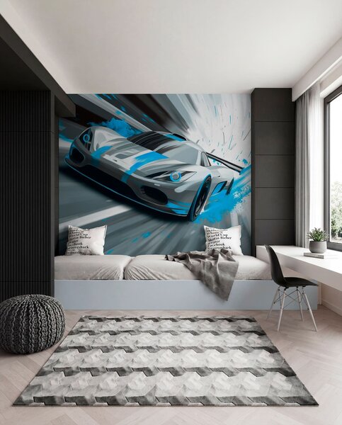 Tapet mașină sport dinamică în stil de desen digital cu accente turcoaz, Imagini de fundal unice, w05069v3 : Uwalls.ro