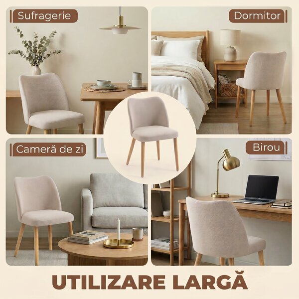 HOMCOM Set de 2 Scaune de Masă Moderne, Scaune de Bucătărie cu Tapițerie din In, Șezut Imbătut, Spătar Curbat, Picioare din Lemn de Cauciuc, Ușor de Asamblat, Alb Crem | Aosom Romania