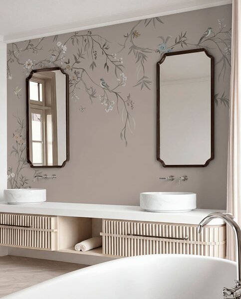 Tapet Ornament floral cu păsări pe fundal neutru, Fototapet Flori, w05127v3 : Uwalls.ro