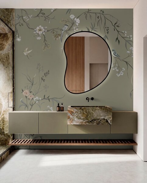 Tapet Motiv floral cu păsări pe fundal gri, Fototapet Flori, w05127v4 : Uwalls.ro