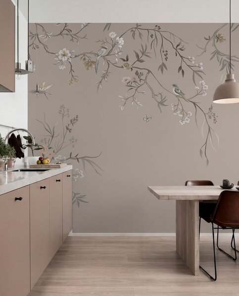Tapet Ornament floral cu păsări pe fundal neutru, Fototapet Flori, w05127v3 : Uwalls.ro