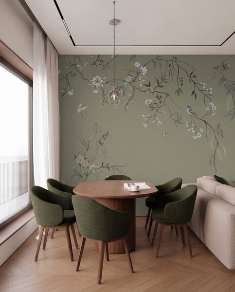 Tapet Motiv floral cu păsări pe fundal gri, Fototapet Flori, w05127v4 : Uwalls.ro