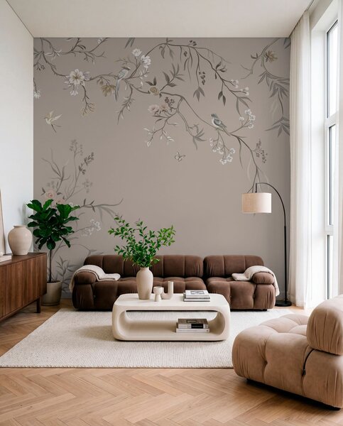 Tapet Ornament floral cu păsări pe fundal neutru, Fototapet Flori, w05127v3 : Uwalls.ro