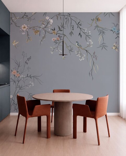 Tapet Ramuri florale cu păsări pe fundal verzui, Fototapet Flori, w05127v5 : Uwalls.ro