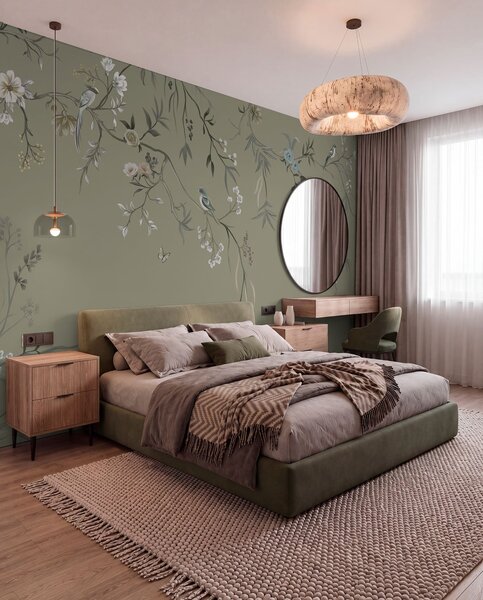 Tapet Motiv floral cu păsări pe fundal gri, Fototapet Flori, w05127v4 : Uwalls.ro