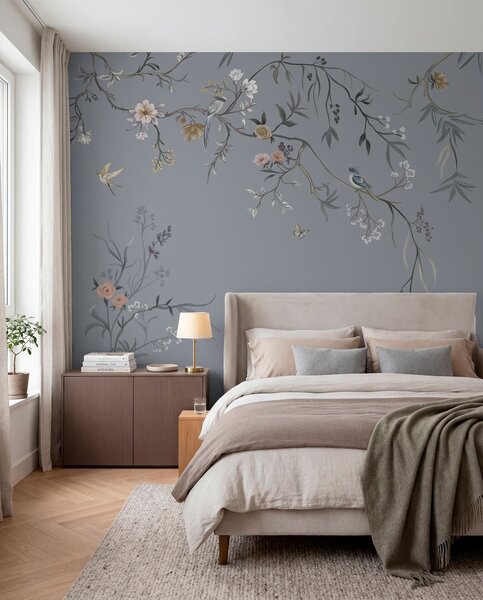 Tapet Ramuri florale cu păsări pe fundal verzui, Fototapet Flori, w05127v5 : Uwalls.ro
