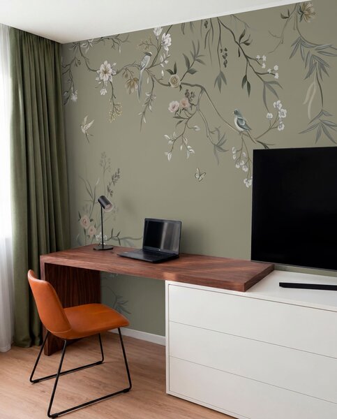 Tapet Motiv floral cu păsări pe fundal gri, Fototapet Flori, w05127v4 : Uwalls.ro