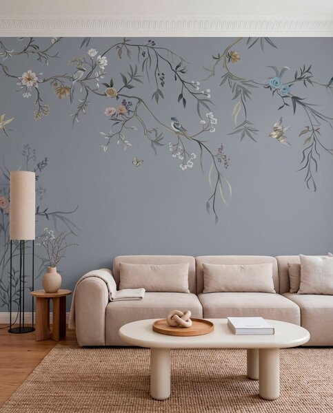 Tapet Ramuri florale cu păsări pe fundal verzui, Fototapet Flori, w05127v5 : Uwalls.ro