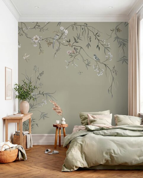Tapet Model floral cu păsări pe fundal rece, Fototapet Flori, w05127v6 : Uwalls.ro