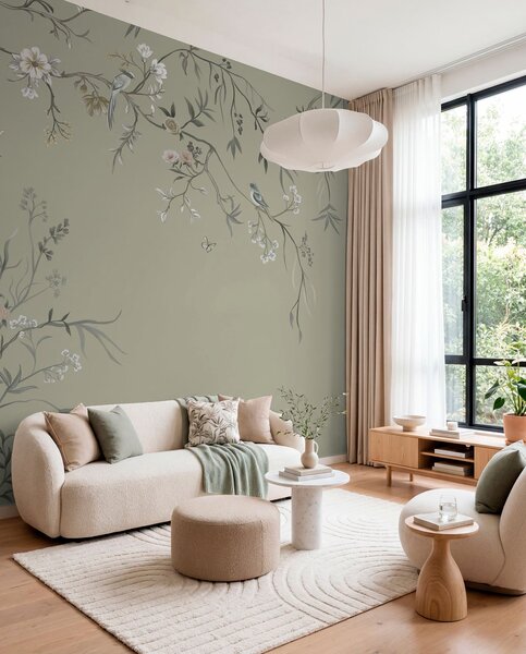 Tapet Model floral cu păsări pe fundal rece, Fototapet Flori, w05127v6 : Uwalls.ro