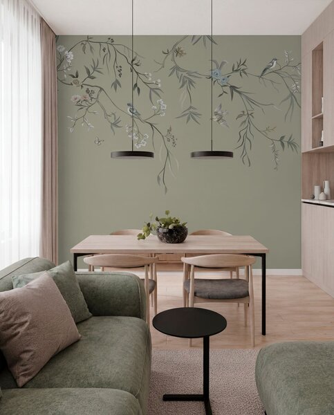Tapet Model floral cu păsări pe fundal rece, Fototapet Flori, w05127v6 : Uwalls.ro