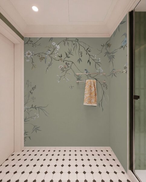 Tapet Model floral cu păsări pe fundal rece, Fototapet Flori, w05127v6 : Uwalls.ro