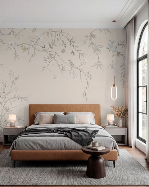 Tapet Ramuri florale cu păsări pe un fundal deschis, Fototapet Flori, w05127v7 : Uwalls.ro