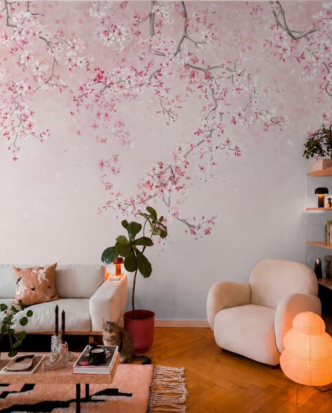 Tapet Ramuri cu flori roz pe un fundal pastelat delicat, Fototapet pădure, Fototapet copaci, w05129v1 : Uwalls.ro