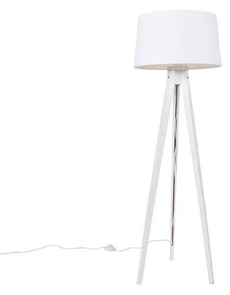 Lampă de podea modernă trepied alb cu abajur de in alb 45 cm - Tripod Classic