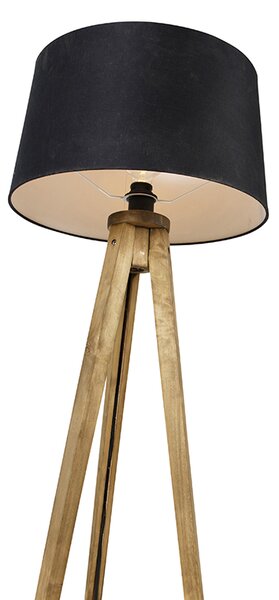 Lampă de podea vintage rustică cu trepied din lemn cu abajur din in negru 45 cm - Tripod Classic
