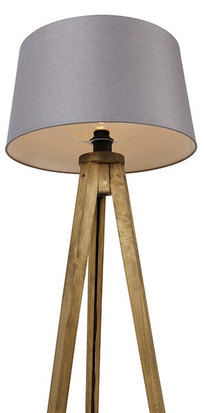 Lampă de podea rustică cu trepied din lemn vintage cu abajur din in gri închis 45 cm - Tripod Classic