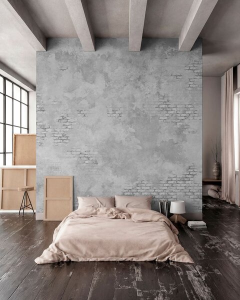 Tapet Tencuială gri în stil grunge, cu porțiuni de cărămidă aparentă, Fototapet stil industrial, w05161v2 : Uwalls.ro
