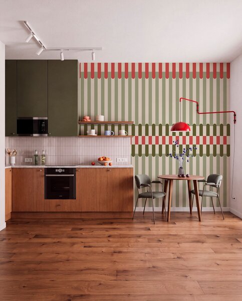 Tapet Model în dungi în nuanțe de verde și coral, Fototapet Geometrie, w05150v4 : Uwalls.ro